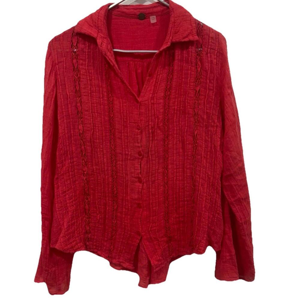 Women’s Free People Lounger Button Down Blouse Size Medium? Red Gauze